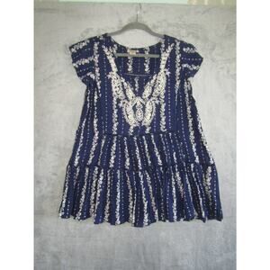 Lola P. Women’s S Boho Embroidered Tunic Dress Blue White Rayon Short Sleeve Pea